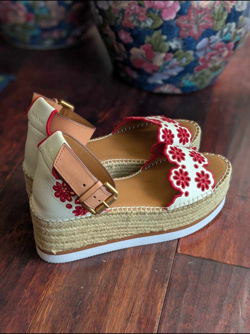 NWOT Glyn Platform Sandal in Chalk & Red Summer Wedge Espadrilles Size 39 8.5 - Picture 3 of 9